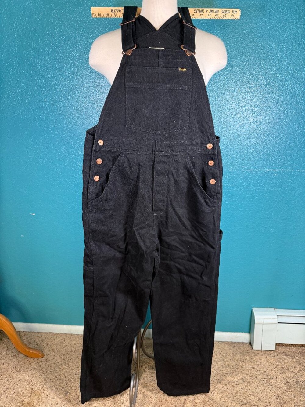 Wrangler Straight Leg Bib Overall Black Jeans Women Sz S Denim Dungarees WISLBBL